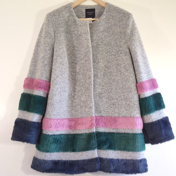 Helene London Wool Colorblock Stripe Coat Lined Boho Faux Fur Size Large  EUC - Picture 5 of 8